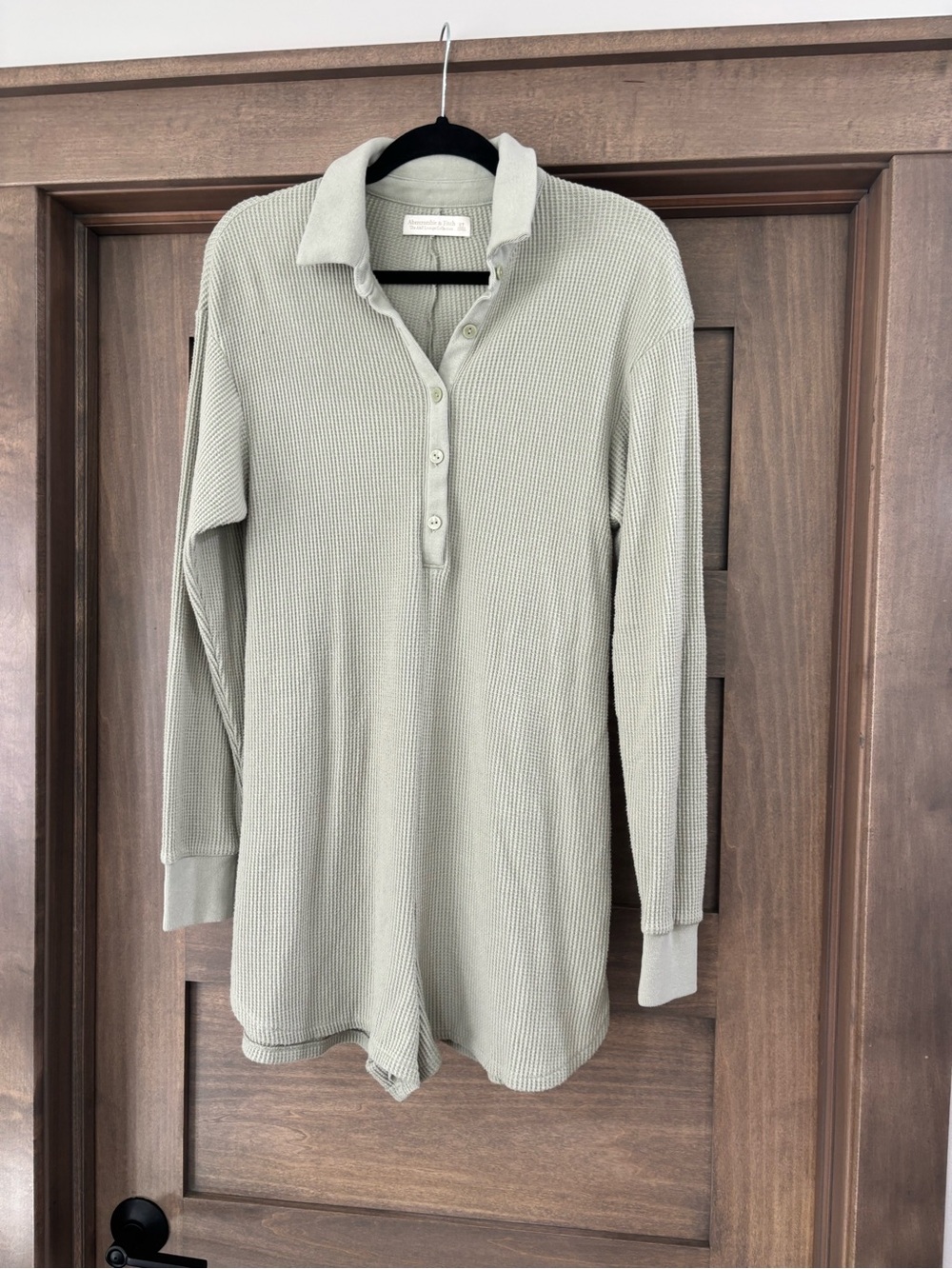 Abercrombie & Fitch Sage Green Waffle-Knit Long Sleeve Polo Top